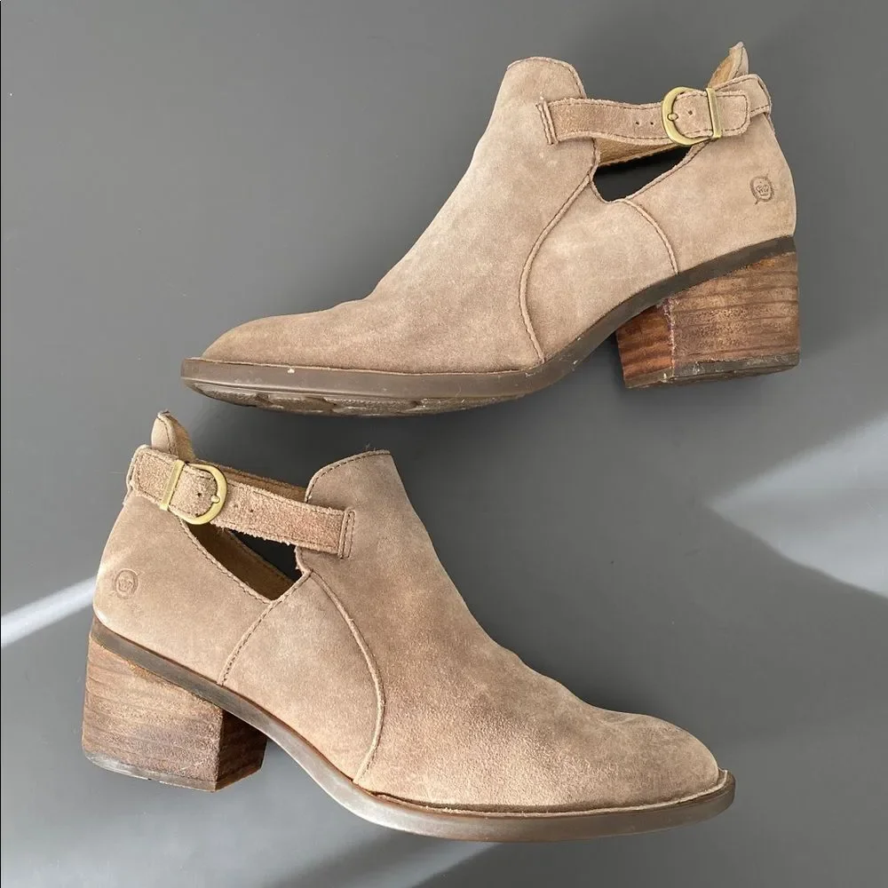 Born Women’s Tan Suede Buckle Heeled Boots Bootie Sz 8 Boho Chic Western Cottage